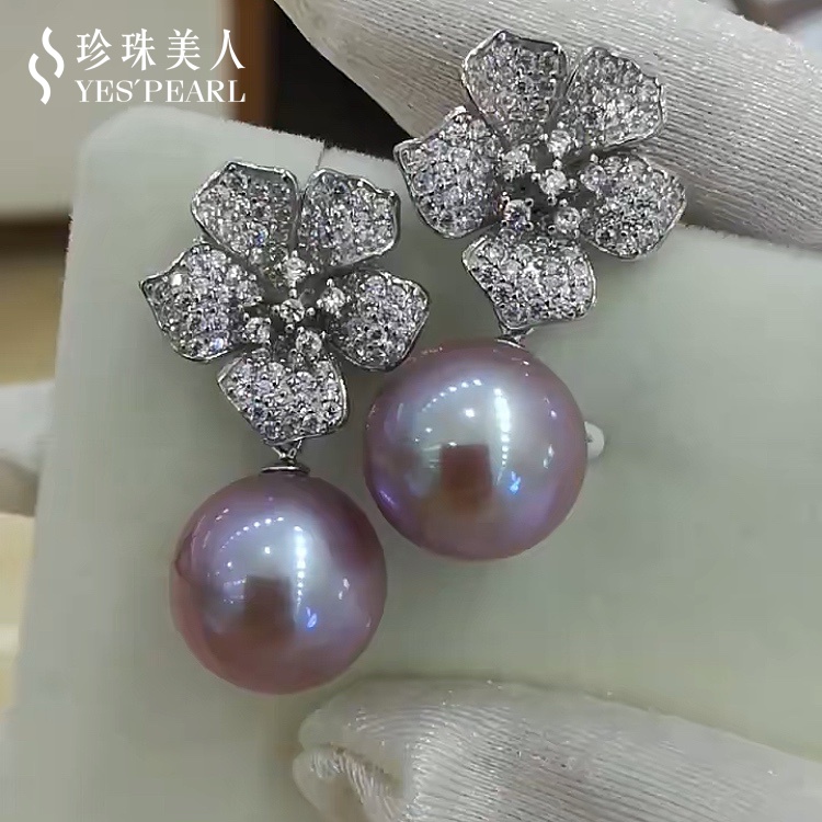 S925银～紫色淡水珍珠耳环【灿烂花开】
