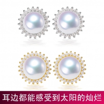 S925银~白色淡水珍珠耳环/耳钉【太阳花】